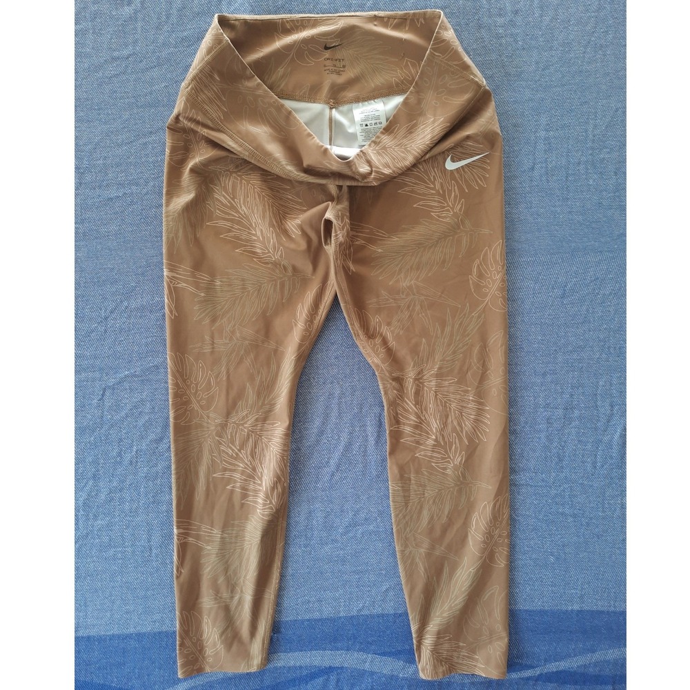 Nike Dri-FIT Womens XL Tropical Leaf Print Leggings Tan High Waisted 7/8 Tights